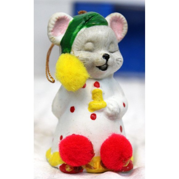 VTG 80s Porcelain Sleepy Christmas Mouse Ornament Bell Pom-Pom Slipper Tree Gift - Picture 6 of 10